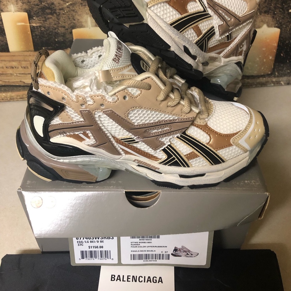 Balenciaga Runner Track Trainer Sneaker Low-Top Women Size 7 Gold Brown White